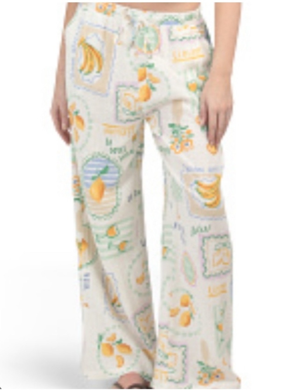 Label of Love Ciao Bella Lemon Print Wide Leg Linen Blend Pants Size L Coastal